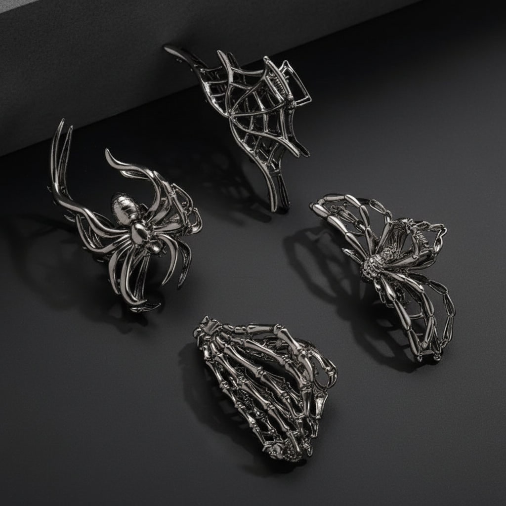 Halloween Hair Claw Clips with Skeleton Hand Bat Wing and Spiderweb Metal Design