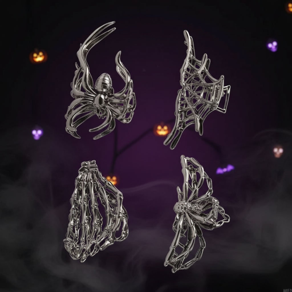 Halloween Hair Claw Clips with Skeleton Hand Bat Wing and Spiderweb Metal Design