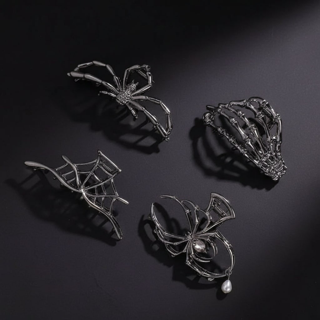Halloween Hair Claw Clips with Skeleton Hand Bat Wing and Spiderweb Metal Design