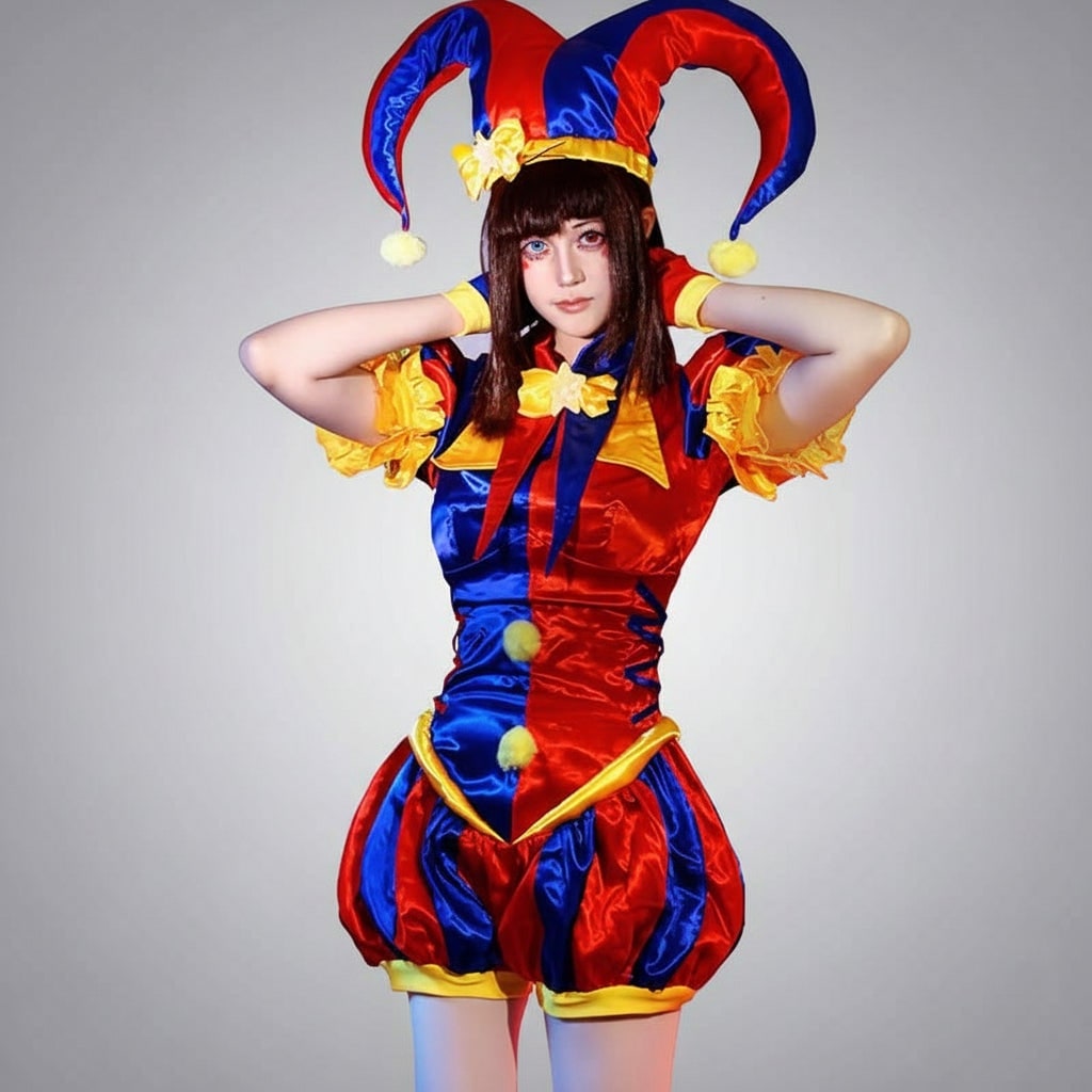 Womens Jester Halloween Costume with Satin Ruffles Horned Hat and Gloves