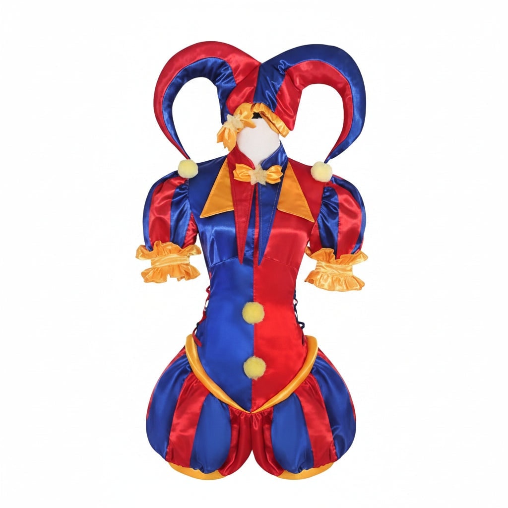 Womens Jester Halloween Costume with Satin Ruffles Horned Hat and Gloves