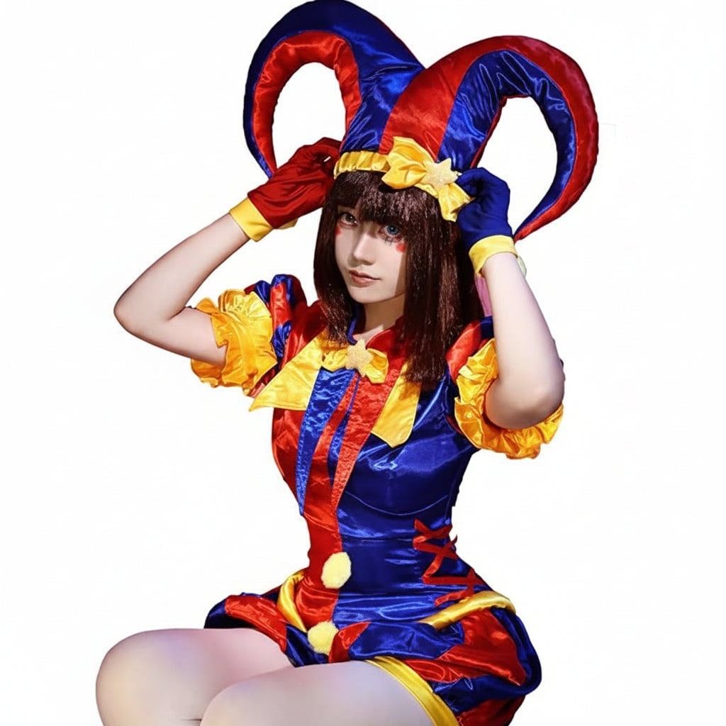 Womens Jester Halloween Costume with Satin Ruffles Horned Hat and Gloves