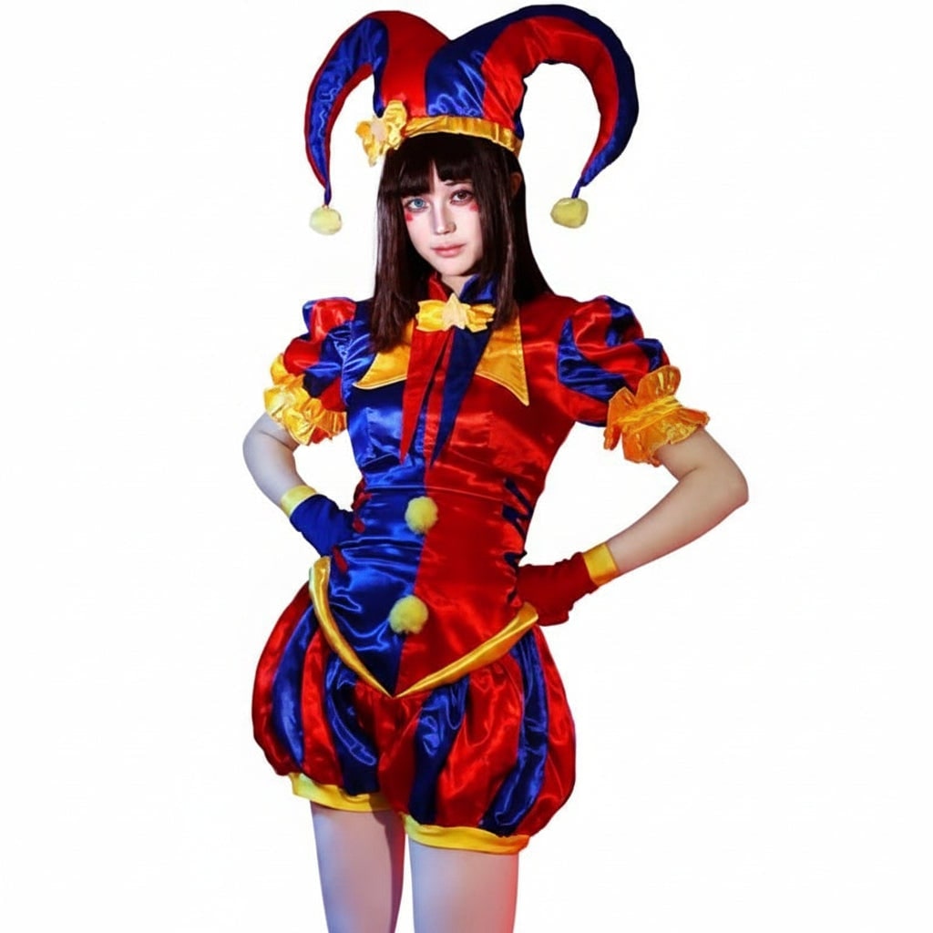 Womens Jester Halloween Costume with Satin Ruffles Horned Hat and Gloves