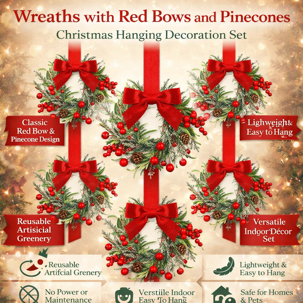 Christmas Wreath Artificial with Red Bow and Pinecones Needing No Power